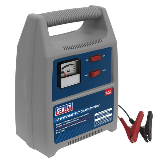 Sealey Battery Charger 1.8m Cable With Insulated Clamps 8A 6/12V 230V DSBC8