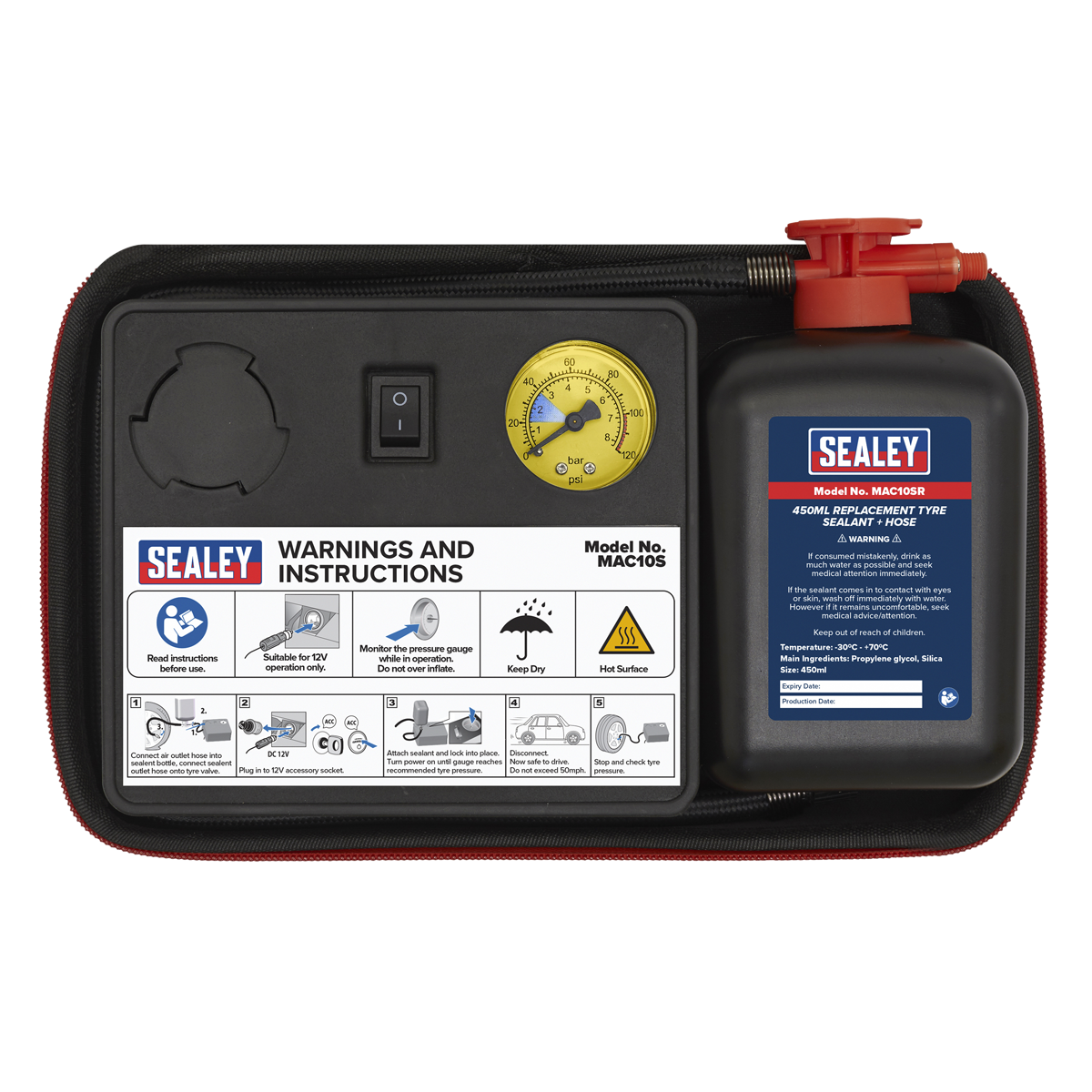 Sealey Tyre Inflator 12V + Emergency Puncture Sealant Kit 100PSI MAC10S