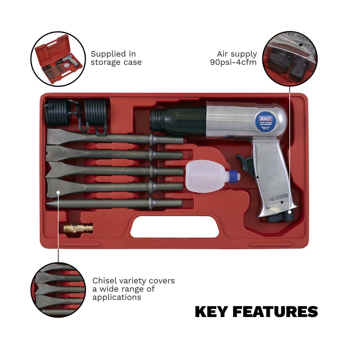 Sealey Air Hammer With Chisels Long Stroke 90PSI 4CFM In Storage Case SA11