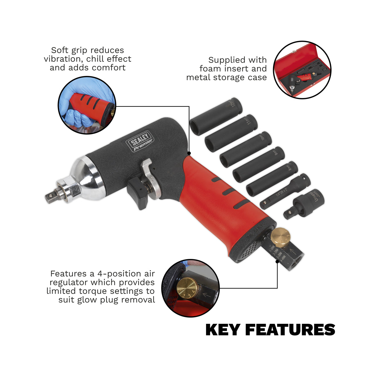 Sealey 1/4" Square Drive Air Impact Wrench Diesel Glow Plug Kit 10000 RPM SA141