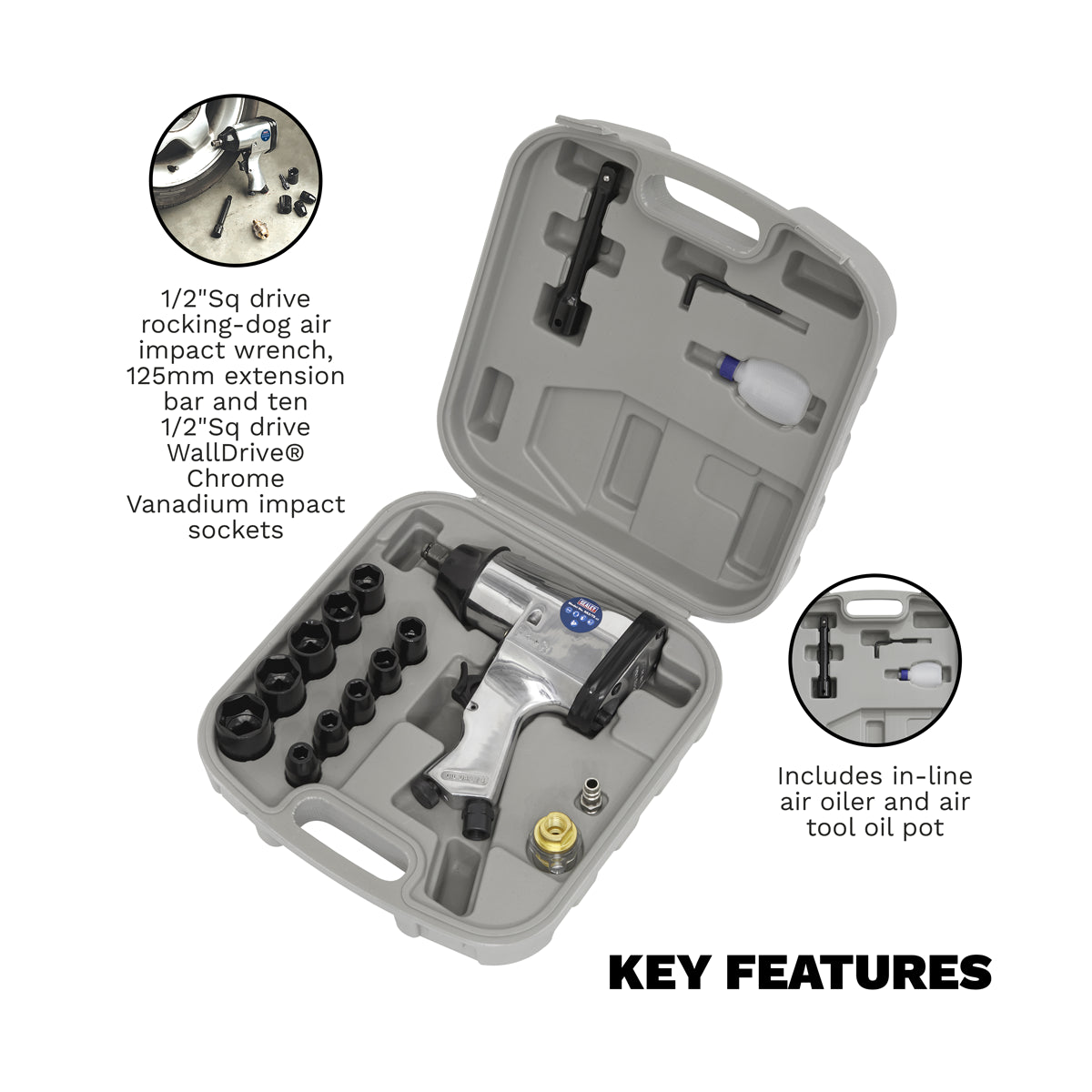 Sealey Air Impact Wrench Kit With Sockets 1/2" Square Drive 7000 RPM SA2/TS