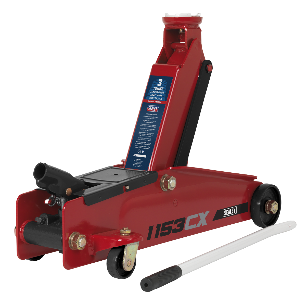 Sealey 3 Tonne Long Reach Heavy Duty Portable Trolley Jack 432mm - Red 1153CX
