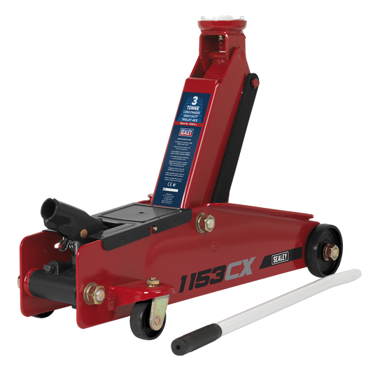 Sealey 3 Tonne Long Reach Heavy Duty Portable Trolley Jack 432mm - Red 1153CX