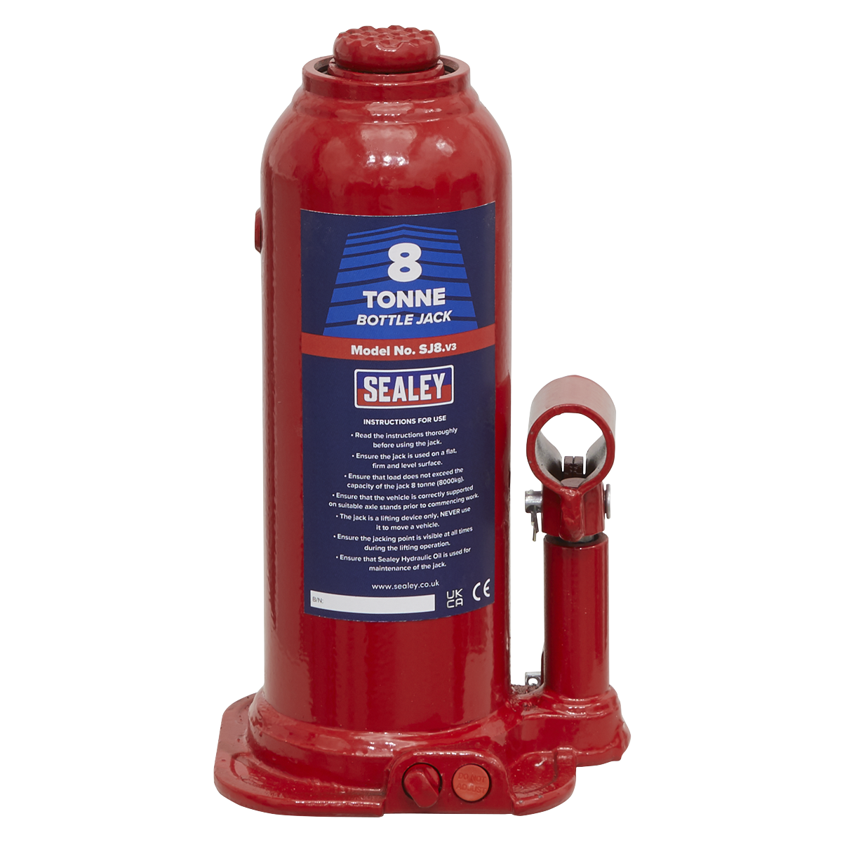 Sealey Bottle Jack Lift With Overload Valve & 2-Piece Handle - 8 Tonne SJ8