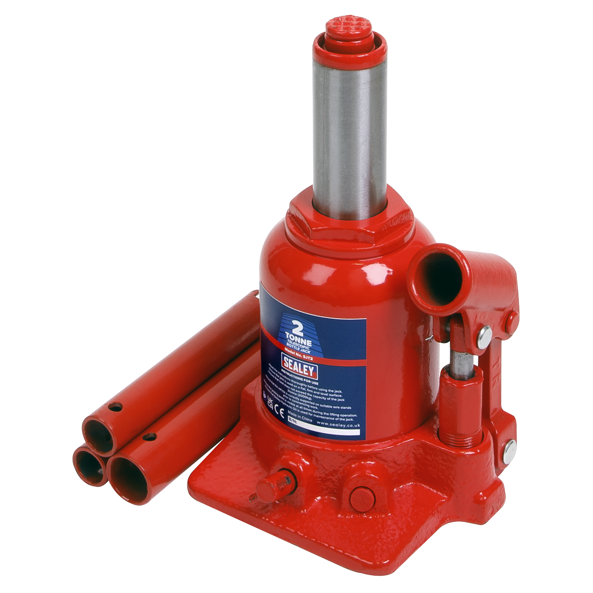 Sealey Bottle Jack 2 Tonne Telescopic With Overload Valve & 3-Piece Handle SJT2