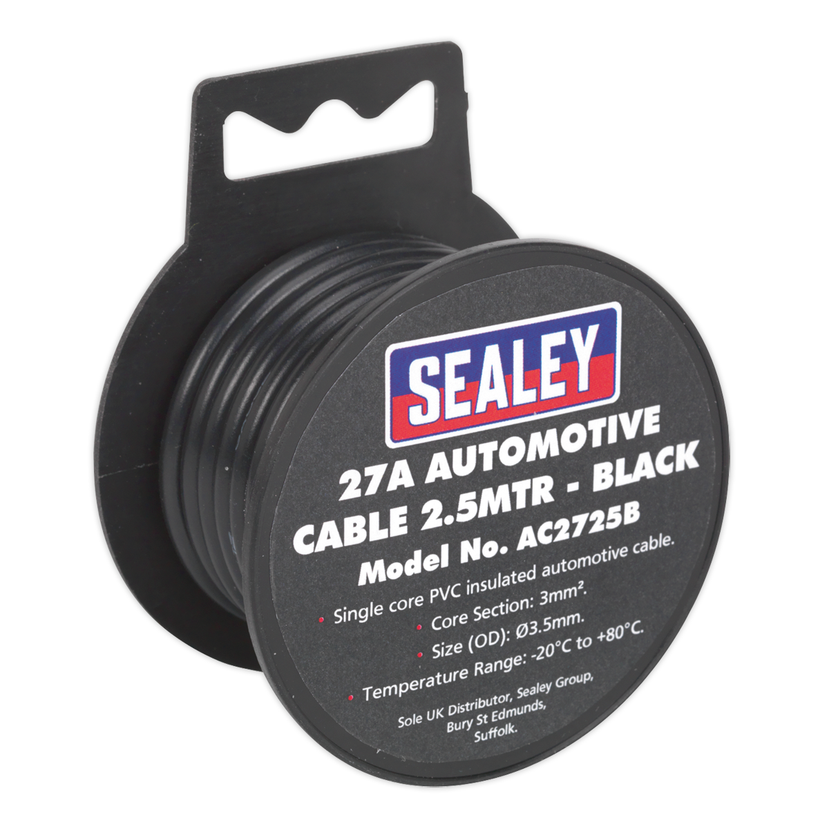 Sealey 2.5m 27A Thick Wall Single Core PVC Coated Automotive Cable Black AC2725B