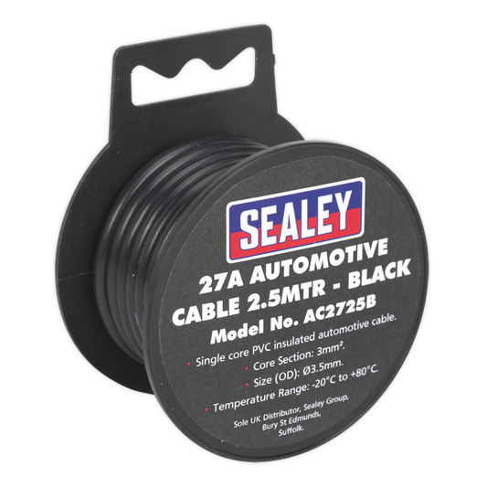 Sealey 2.5m 27A Thick Wall Single Core PVC Coated Automotive Cable Black AC2725B