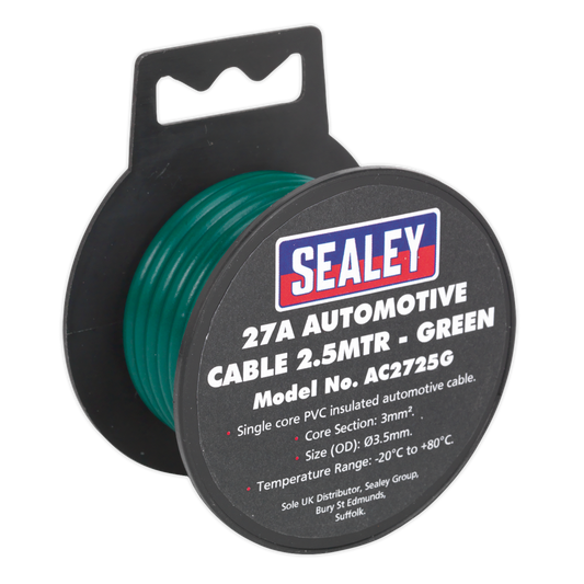 Sealey Thick Wall Single Core PVC Coated Automotive Cable 27A 2.5m Green AC2725G