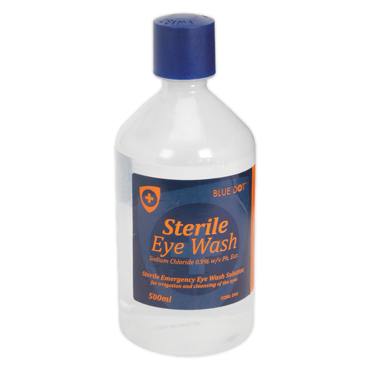 Sealey Eye Wash Solution 500ml Sterile Single Use Emergency Saline EWS50