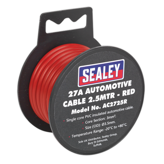 Sealey Thick Wall Single Core PVC Coated Automotive Cable 27A 2.5m Red AC2725R