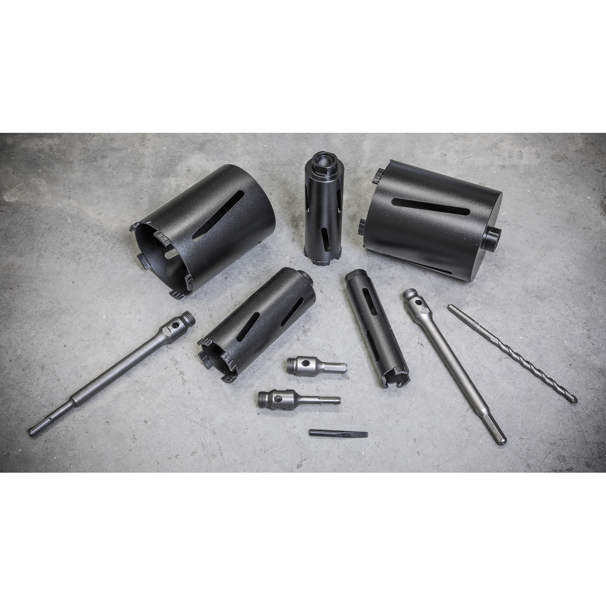 Sealey Diamond 5 Core Kit 38mm 52mm 65mm 117mm 127mm Cores With Adaptors WDCKIT5