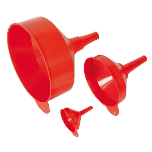 Sealey Polyethylene Fixed Spout Funnel Set With Hanging Tabs 3 Pieces F98