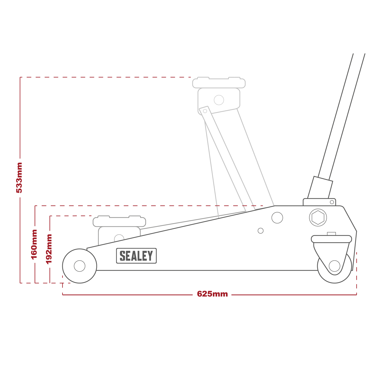 Sealey Long Chassis High Lift SUV Trolley Jack 3 Tonne 192-533mm 1153SUV