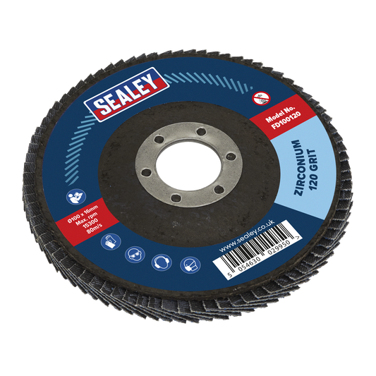 Sealey Flap Disc Zirconium 100mm 16mm Bore 120 Grit Abrasive Flaps FD100120
