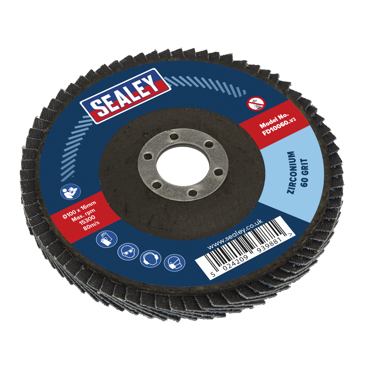 Sealey Flap Disc Zirconium Ø100mm 16mm Bore 60 Grit Abrasive Flaps FD10060