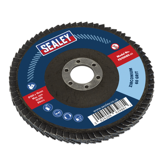 Sealey Flap Disc Zirconium Ø100mm 16mm Bore 60 Grit Abrasive Flaps FD10060