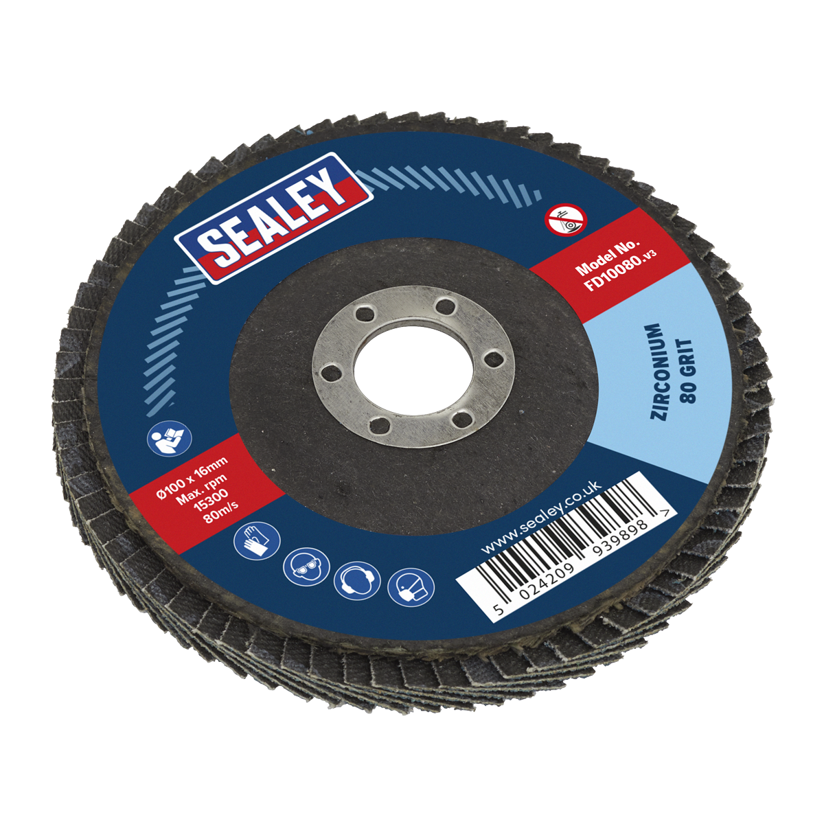 Sealey Flap Disc Zirconium Ø100mm 16mm Bore 80 Grit Abrasive Flaps FD10080