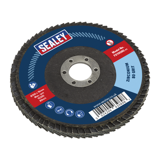 Sealey Flap Disc Zirconium Ø100mm 16mm Bore 80 Grit Abrasive Flaps FD10080