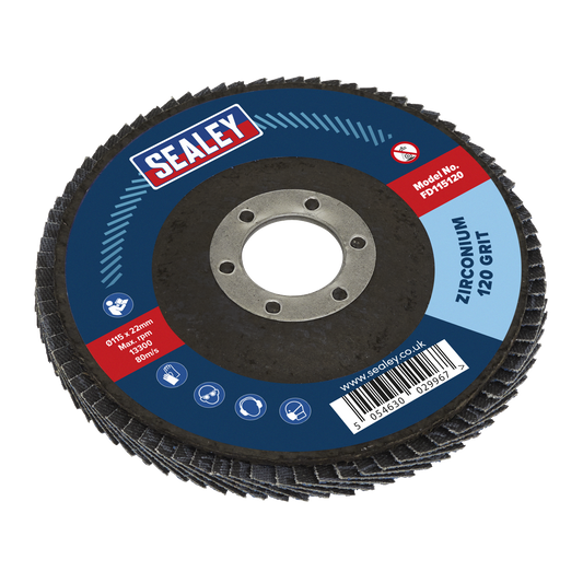Sealey Flap Disc Zirconium 115mm 22mm Bore 120 Grit Abrasive Flaps FD115120