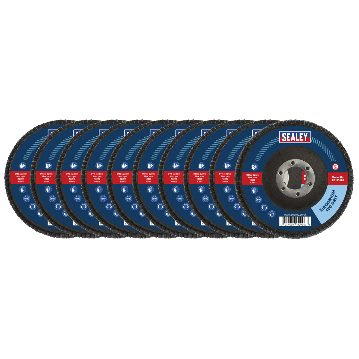 Sealey 120 Grit Flap Discs Zirconium 115mm 22mm Bore 10 Pieces FD11512010