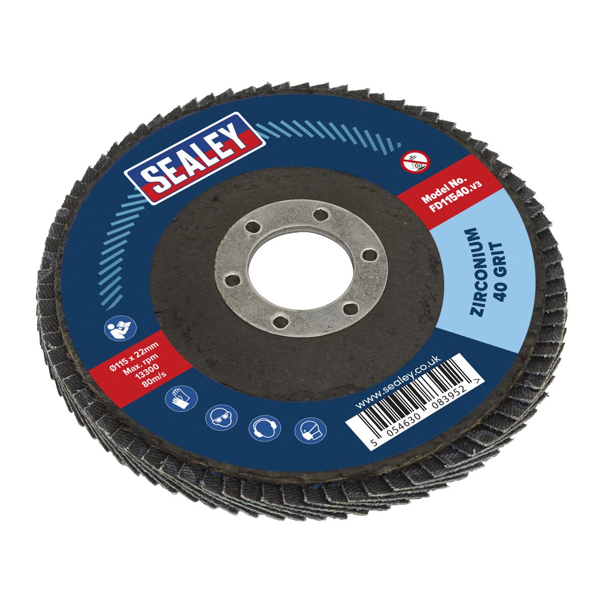 Sealey Flap Disc Zirconium Ø115mm 22mm Bore 40 Grit Abrasive Flaps FD11540