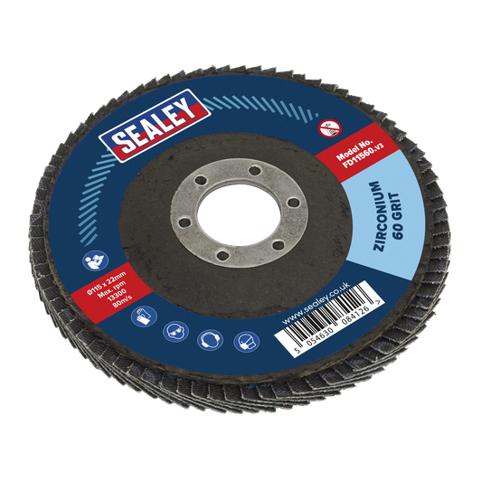 Sealey Flap Disc Zirconium Ø115mm 22mm Bore 60 Grit Abrasive Flaps FD11560