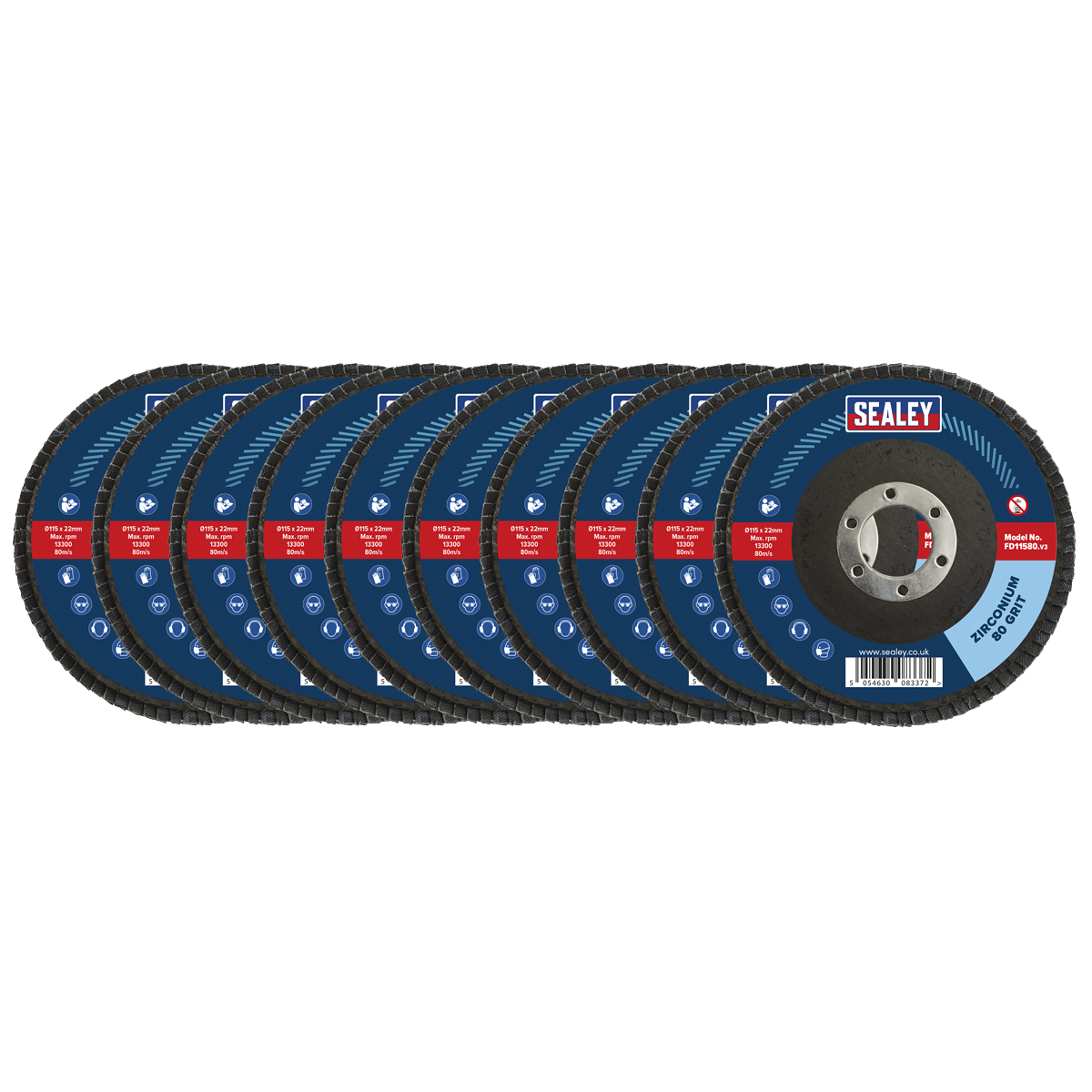 Sealey 80 Grit Flap Discs Zirconium 115mm 22mm Bore 10 Pieces FD1158010