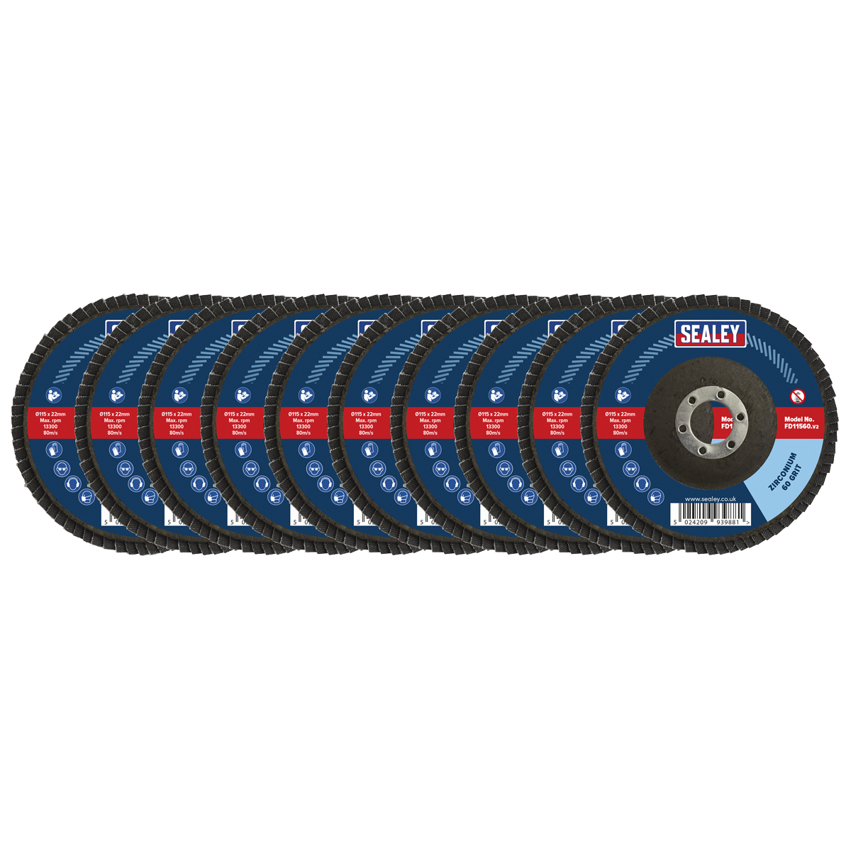 Sealey Assorted Grit Flap Discs Zirconium 115mm 22mm Bore 10 Pack FD115MIX