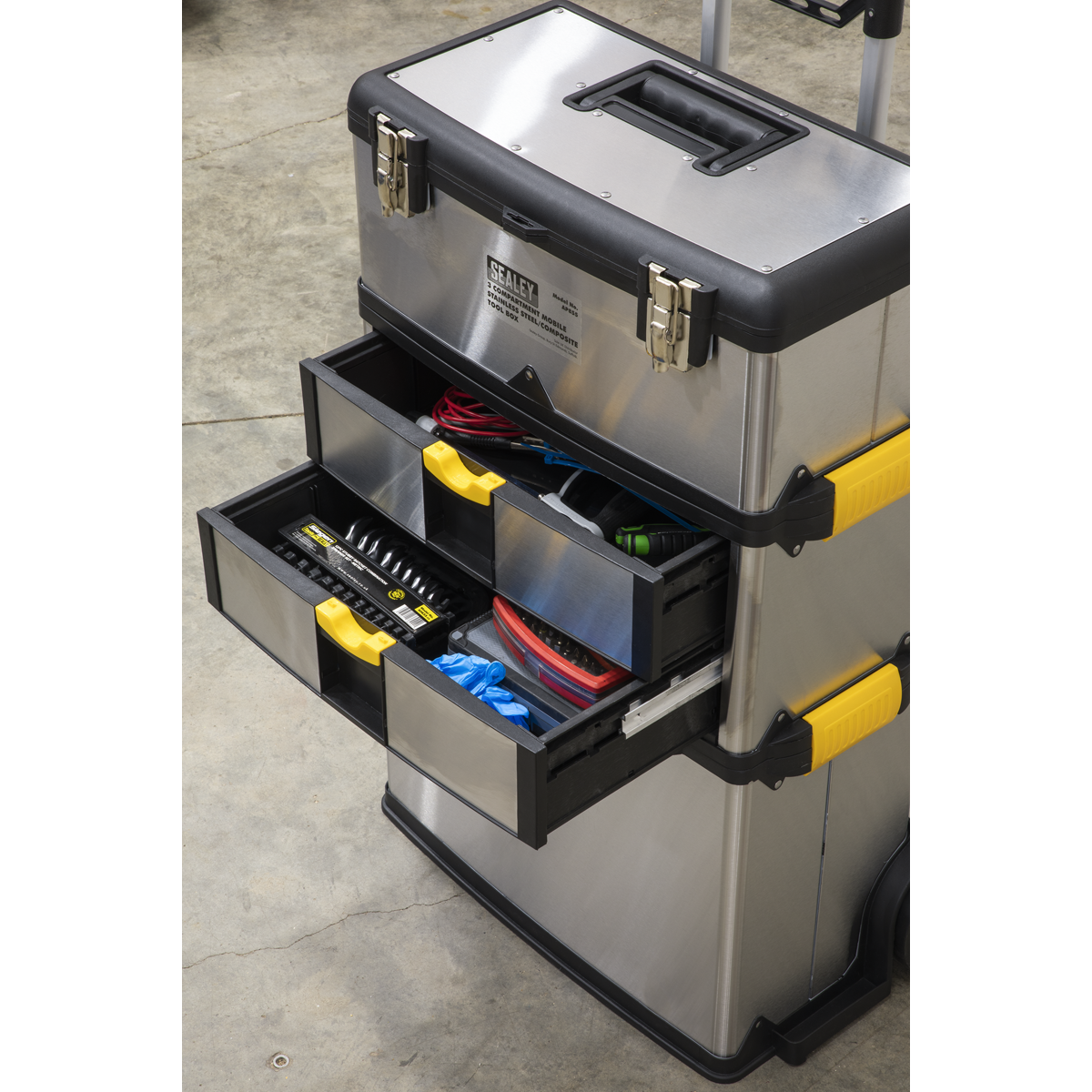 Sealey Mobile Stainless Steel Composite Tool Box Storage 3 Compartments AP855