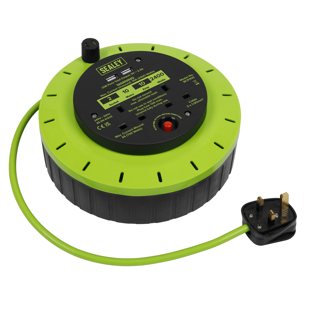 Sealey Cassette Type Cable Reel Green with Thermal Trip 2x 230V 2x USB 10m