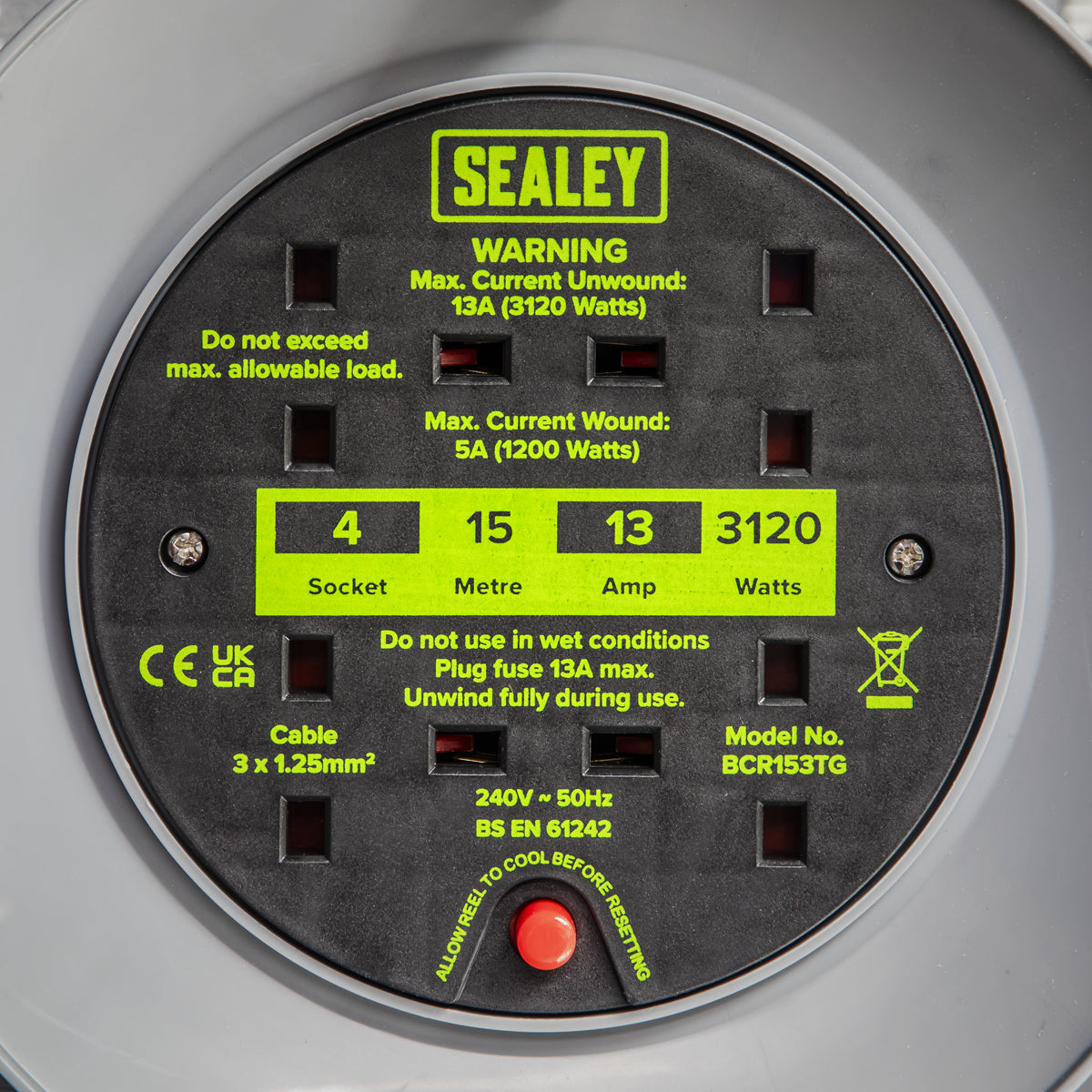 Sealey Cable Reel With Thermal Trip 4x 230V 15m Portable Durable Green BCR153TG