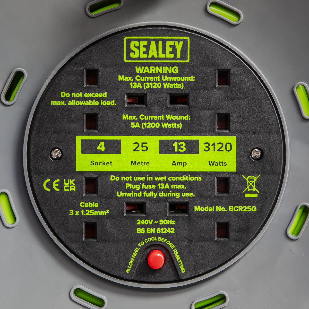Sealey Cable Reel With Thermal Trip 4x 230V Sockets 25m Portable Durable Green