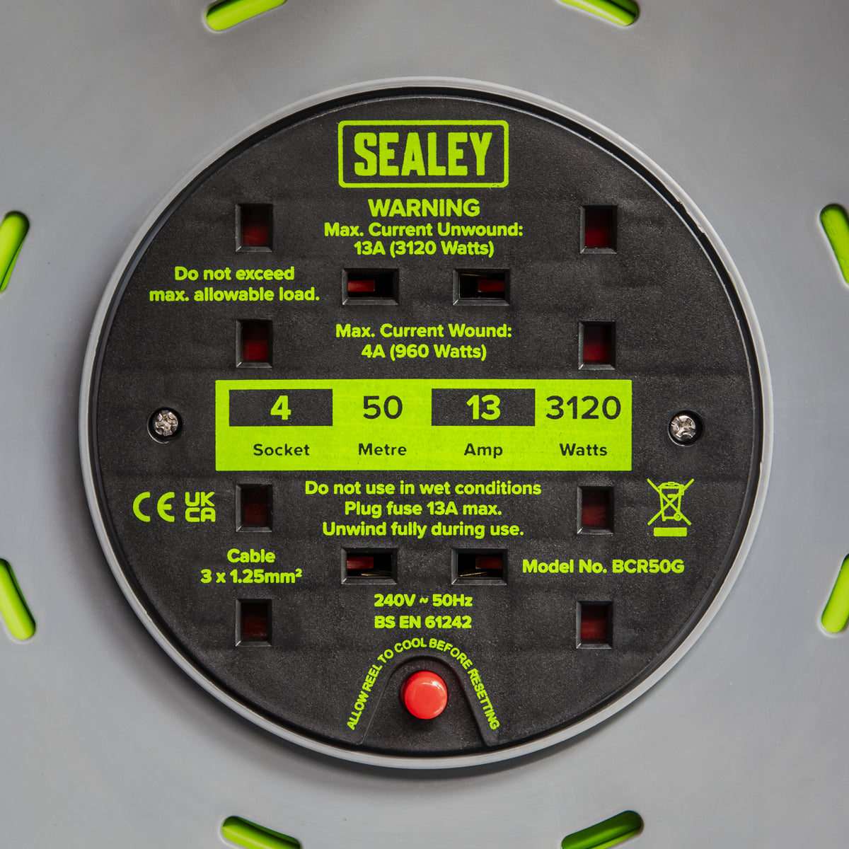 Sealey Cable Reel With Thermal Trip 4x 230V Sockets 50m Portable Durable Green