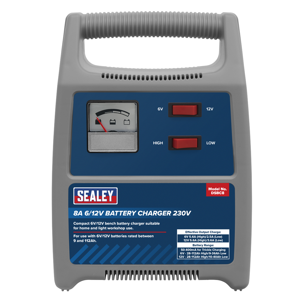 Sealey Battery Charger 1.8m Cable With Insulated Clamps 8A 6/12V 230V DSBC8