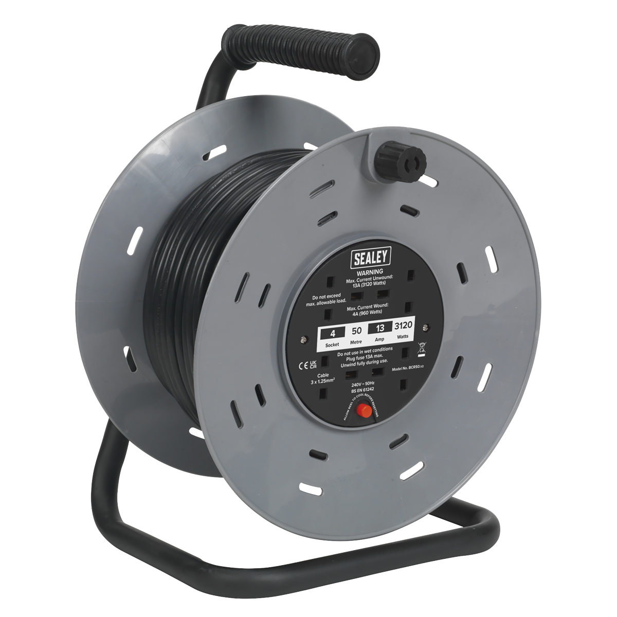 Sealey 50 Metres Cable Reel Extension With Thermal Trip 4 x 230V Sockets BCR50