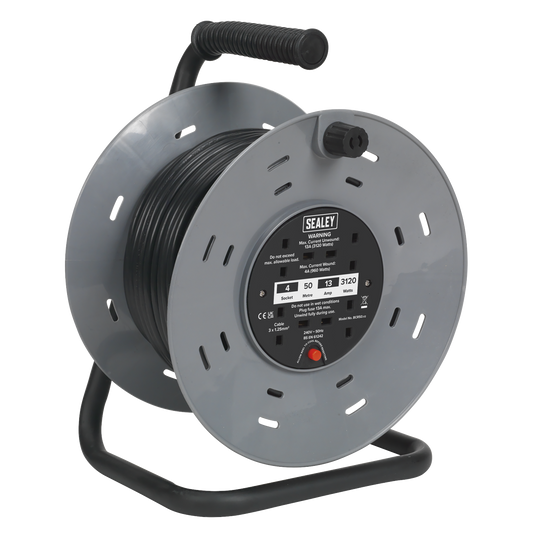Sealey 50 Metres Cable Reel Extension With Thermal Trip 4 x 230V Sockets BCR50