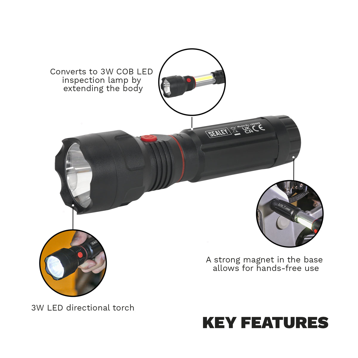 Sealey Torch/Inspection Twin Function Light 3W LED + 3W COB LED - Black LED069