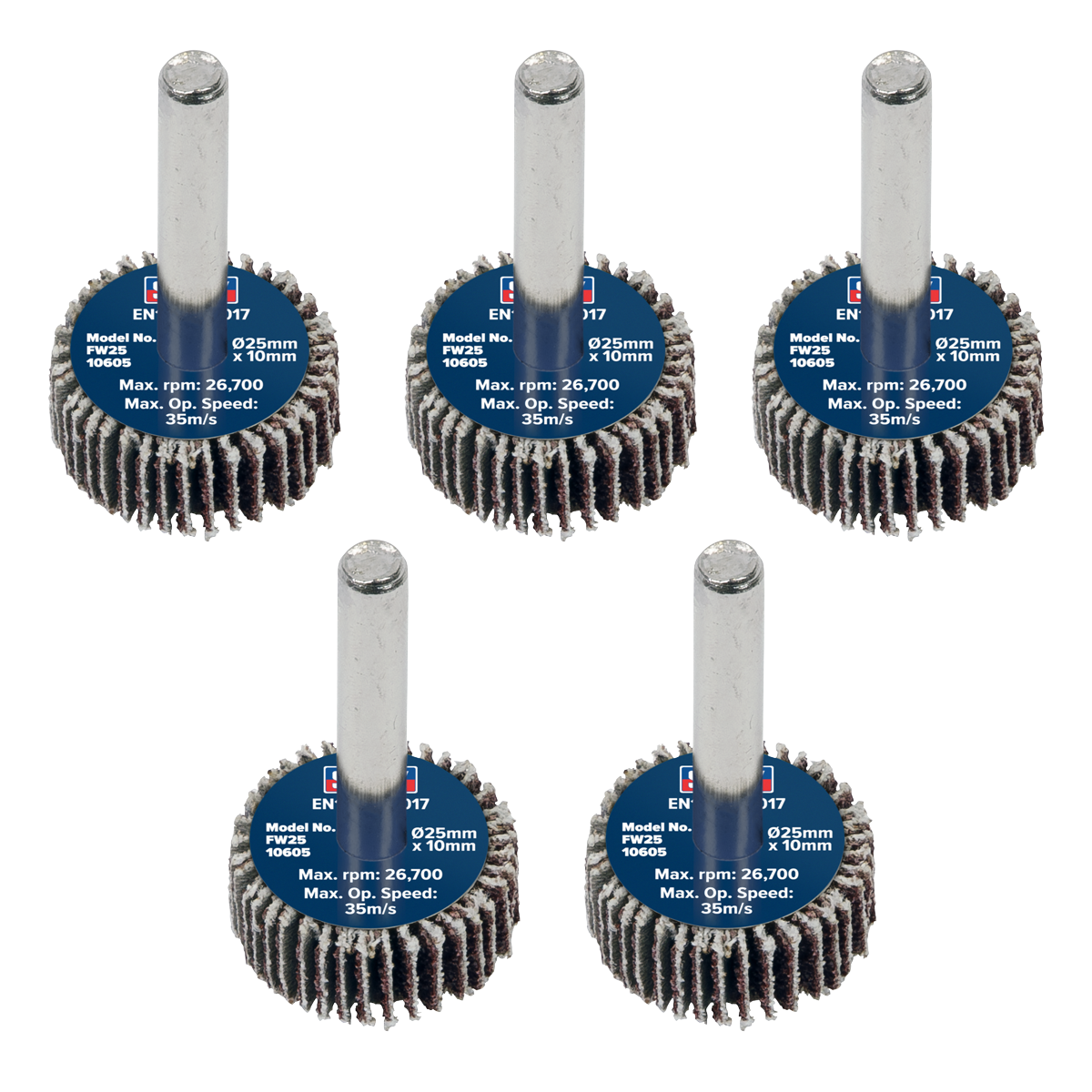 Sealey Flap Wheel 25mm x 10mm 6mm Shaft 60 Grit 5 Pieces 26700 RPM FW2510605