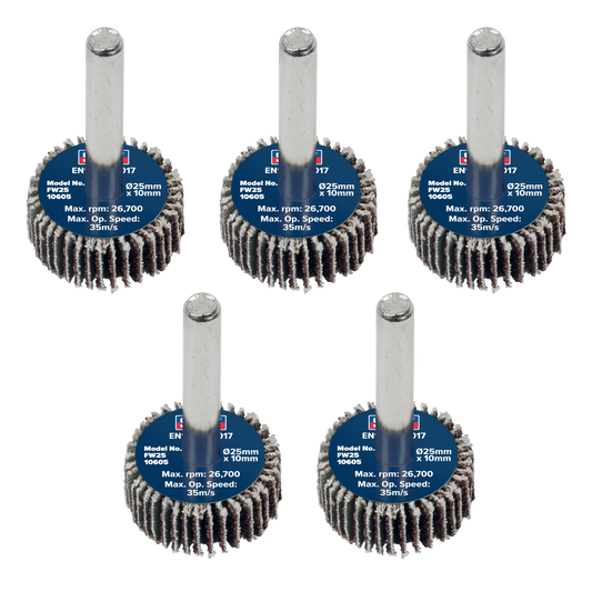 Sealey Flap Wheel 25mm x 10mm 6mm Shaft 60 Grit 5 Pieces 26700 RPM FW2510605