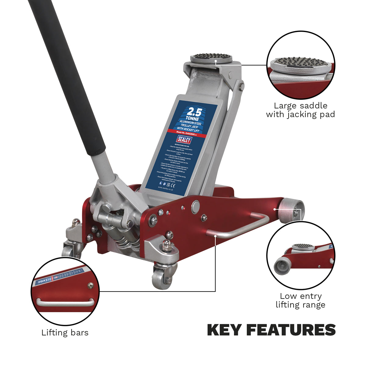 Sealey Trolley Jack 2.5 Tonne Aluminium/Steel Rocket Lift Lightweight RJAS2500