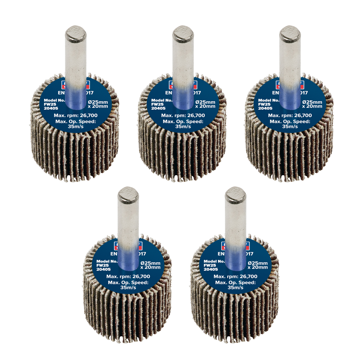 Sealey Flap Wheel 25mm x 20mm 6mm Shaft 40 Grit 5 Pieces 26700 RPM FW2520405
