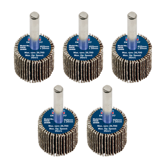 Sealey Flap Wheel 25mm x 20mm 6mm Shaft 40 Grit 5 Pieces 26700 RPM FW2520405