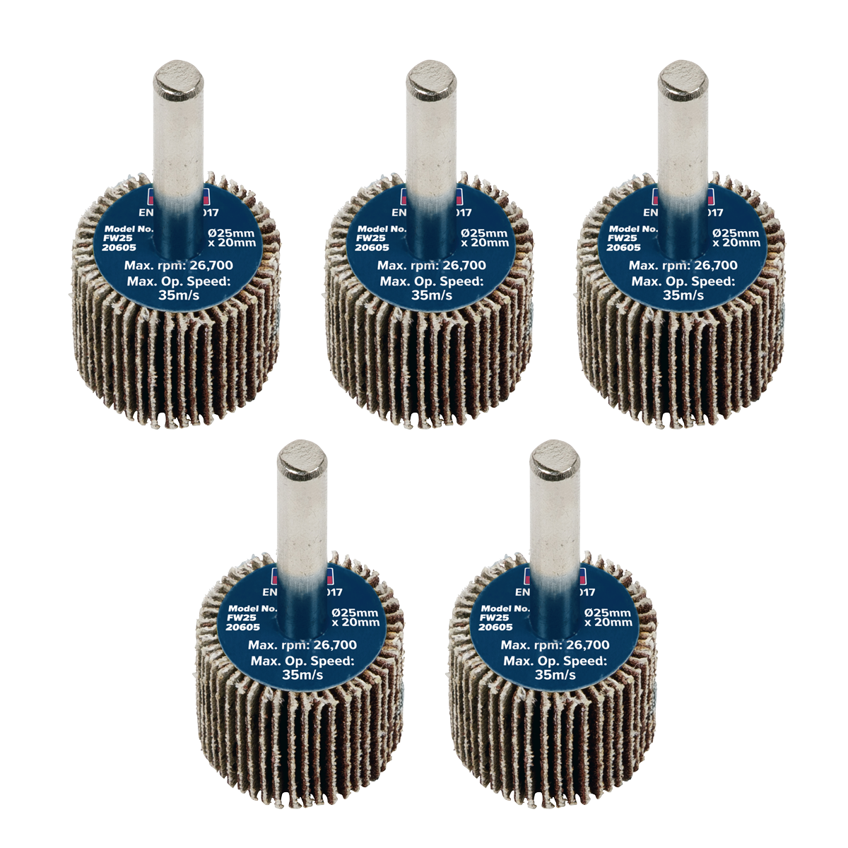 Sealey Flap Wheel 25mm x 20mm 6mm Shaft 60 Grit 5 Pieces 26700 RPM FW2520605