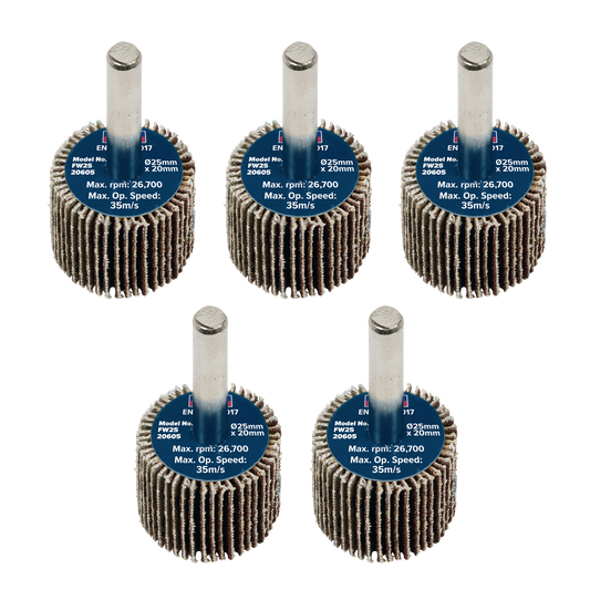Sealey Flap Wheel 25mm x 20mm 6mm Shaft 60 Grit 5 Pieces 26700 RPM FW2520605