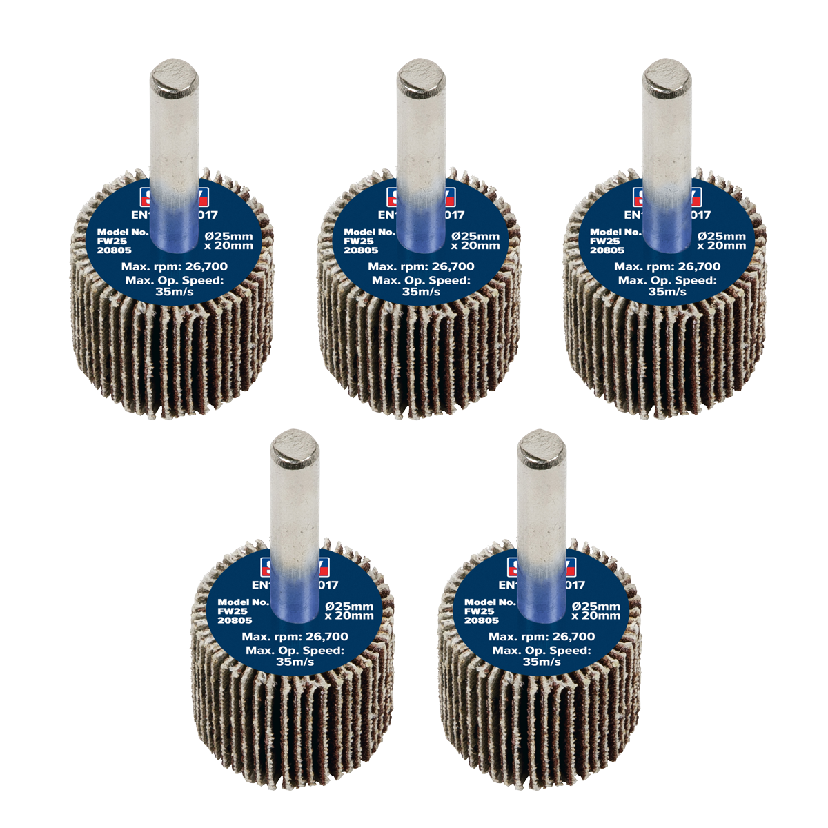 Sealey Flap Wheel 25mm x 20mm 6mm Shaft 80 Grit 5 Pieces 26700 RPM FW2520805