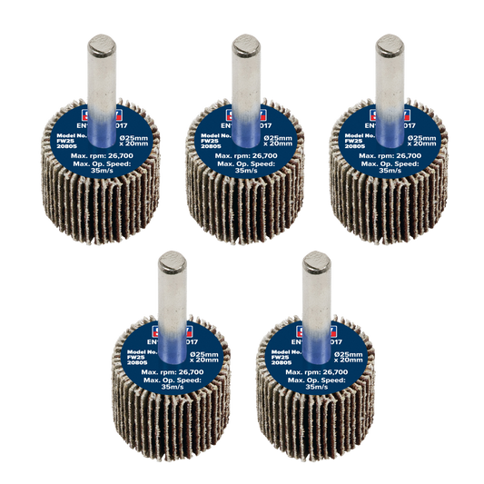 Sealey Flap Wheel 25mm x 20mm 6mm Shaft 80 Grit 5 Pieces 26700 RPM FW2520805