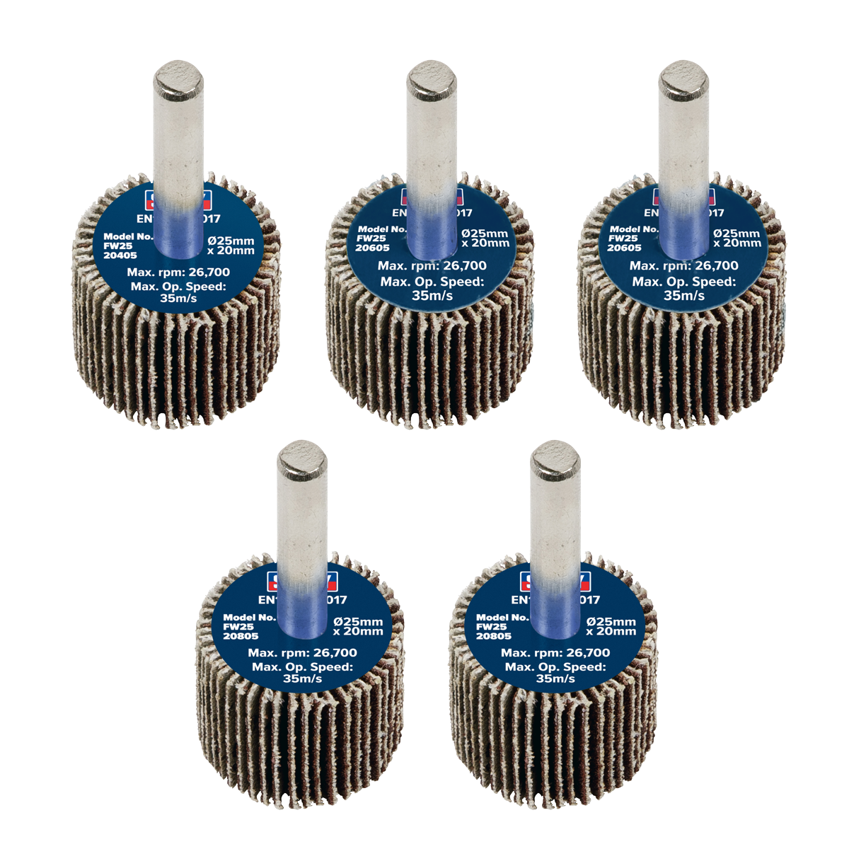 Sealey Flap Wheel 25mm x 20mm 6mm Shaft Assorted Grit 5 Pieces FW2520ASS