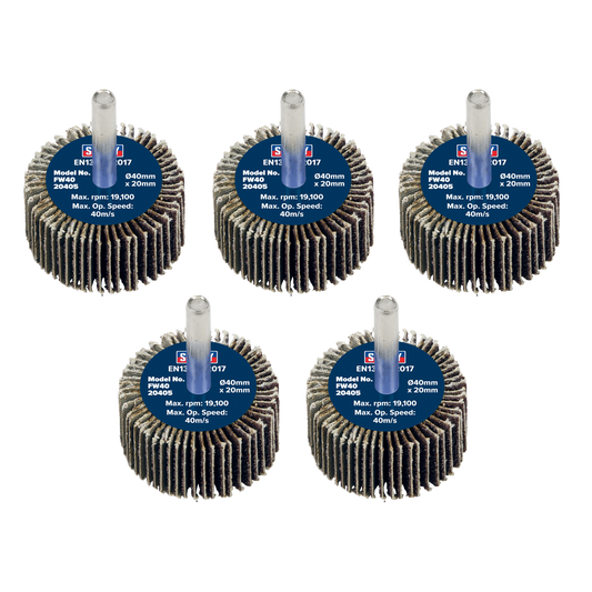 Sealey Flap Wheel 40mm x 20mm 6mm Shaft 40 Grit 5 Pieces 26700 RPM FW4020405