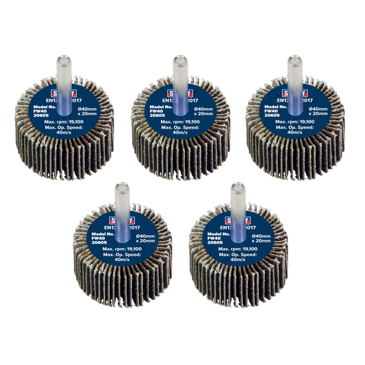 Sealey Flap Wheel 40mm x 20mm 6mm Shaft 60 Grit 5 Pieces 26700 RPM FW4020605