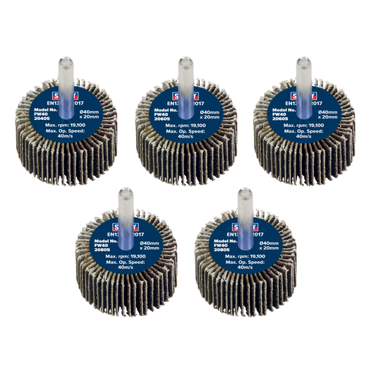Sealey Flap Wheel 40mm x 20mm 6mm Shaft Assorted Grit 5 Pieces FW4020ASS